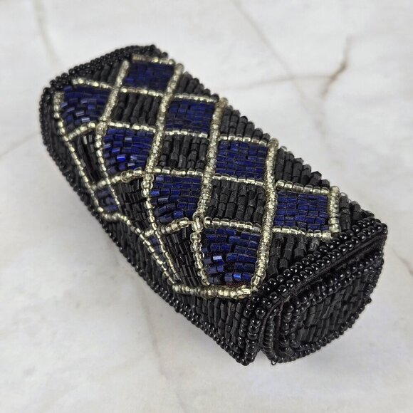 Vintage Beaded Lipstick Case Holder Inside Mirror Snap Closure Black Blue Clear - Picture 3 of 7
